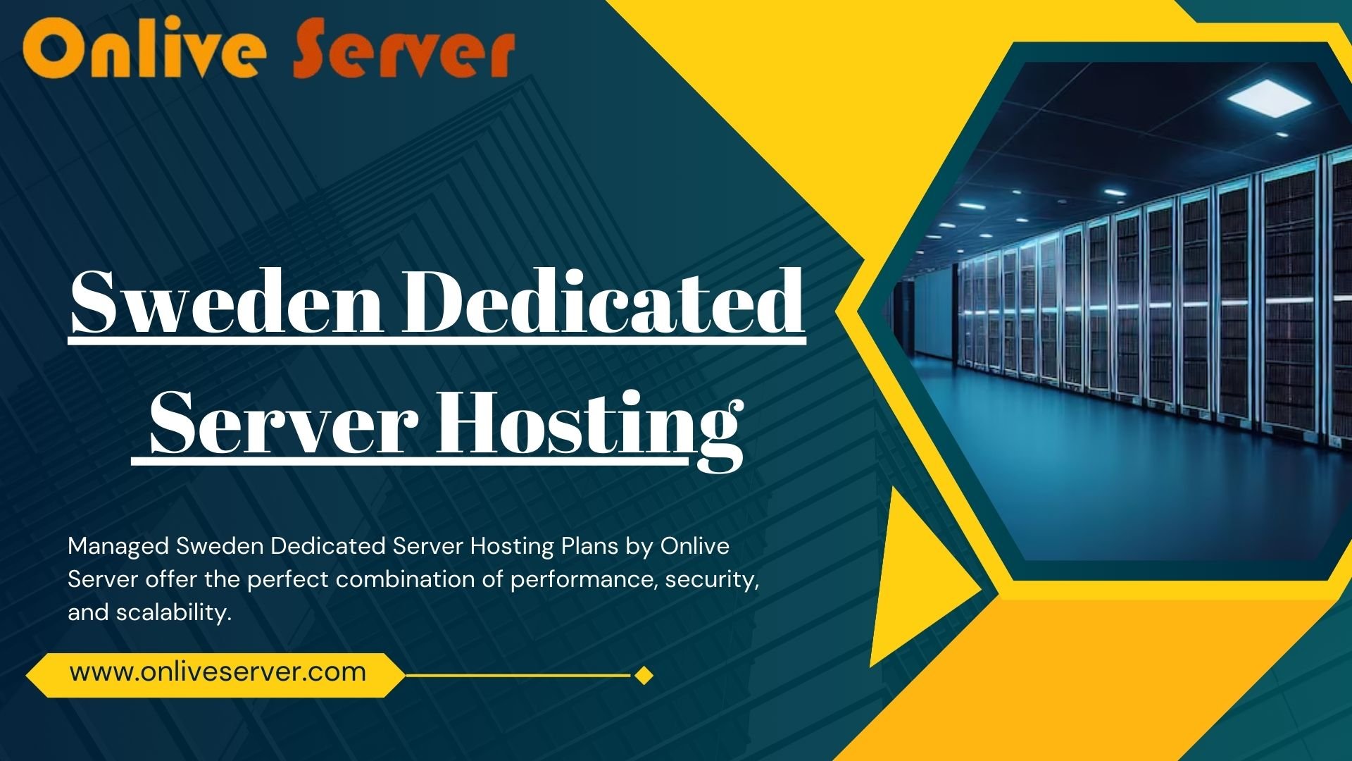 Server room with blue and yellow accents representing Sweden Dedicated Server Hosting.