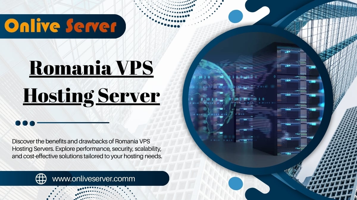 A promotional banner for Romania VPS Hosting, featuring a data center and technological graphics.