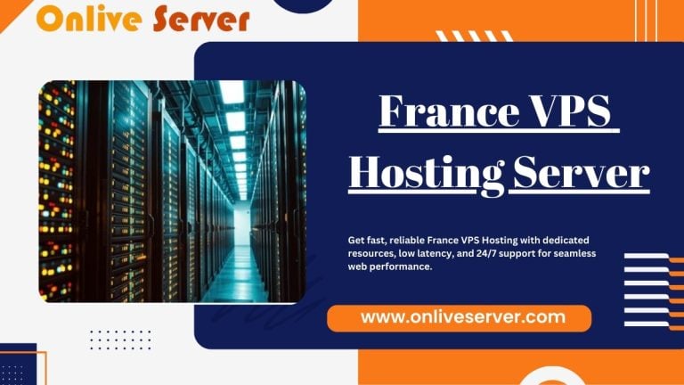 A promotional banner for France VPS Hosting, featuring a data center image with colored server lights and a call-to-action.