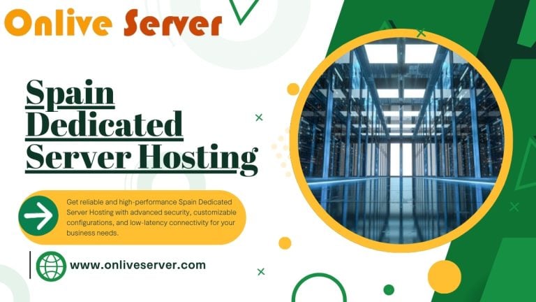 A promotional banner for Spain Dedicated Server Hosting, featuring a data center image and a call-to-action.