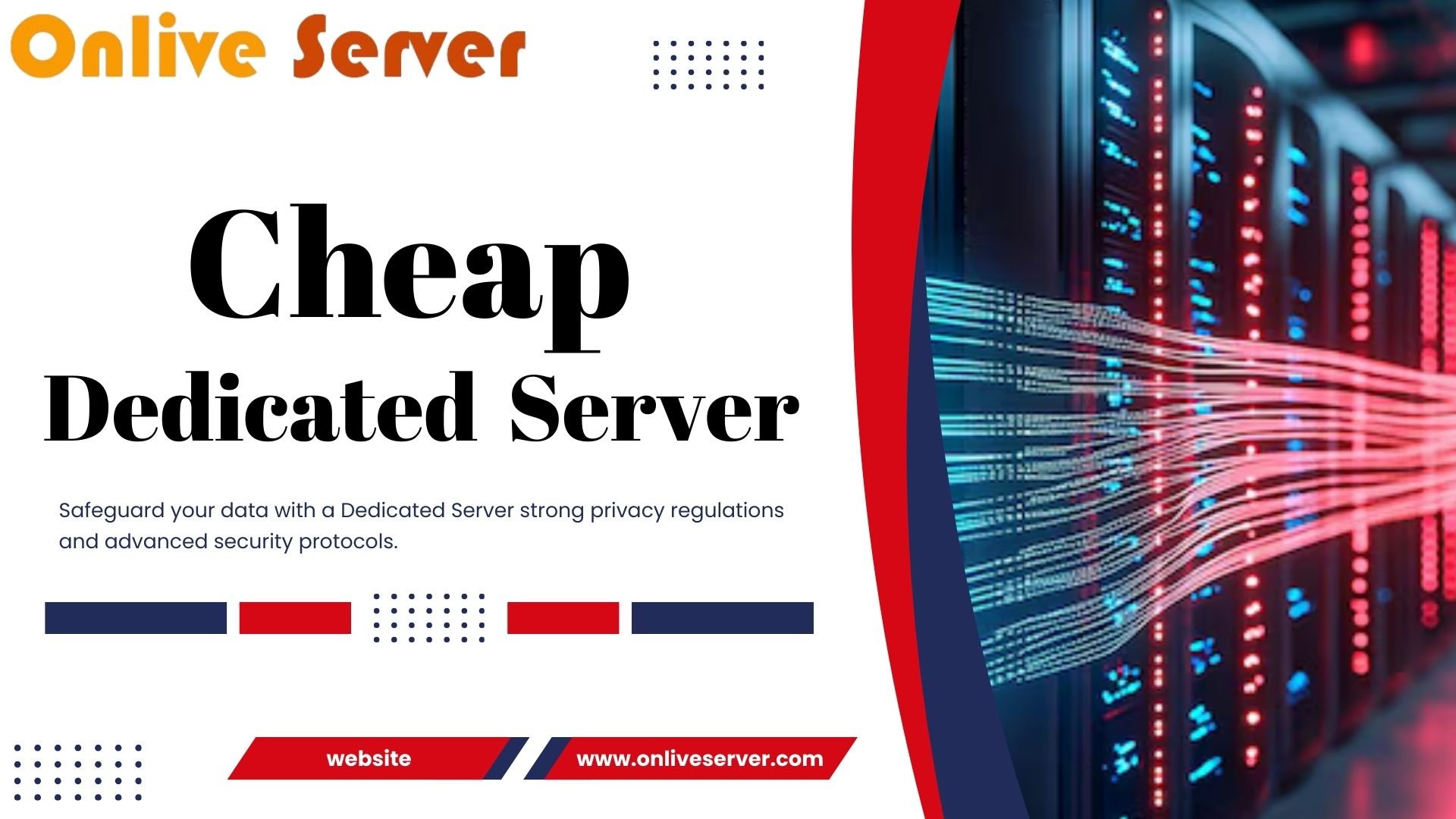 Server racks with illuminated cables showing data flow, representing a secure and affordable dedicated server.