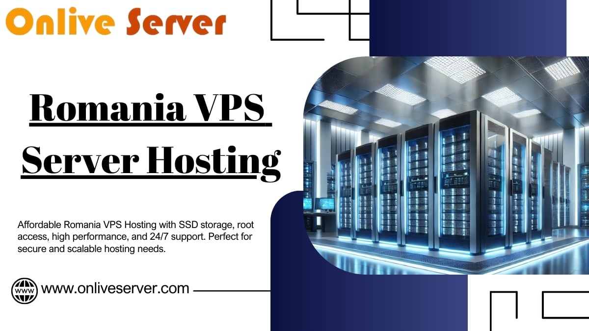 A promotional banner for Romania VPS Server Hosting, featuring a data center image with glowing lights and a call-to-action.