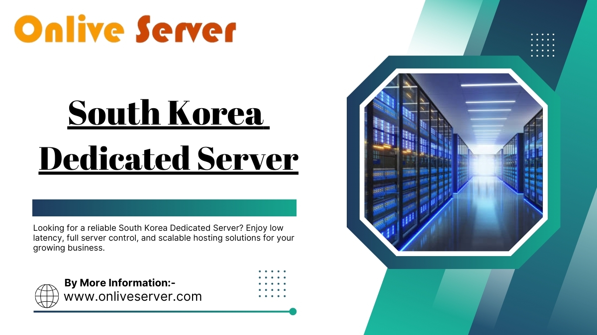 South Korea Dedicated Server banner by Onlive Server featuring a modern data center with blue-lit server racks and text highlighting reliability, low latency, and scalable hosting.