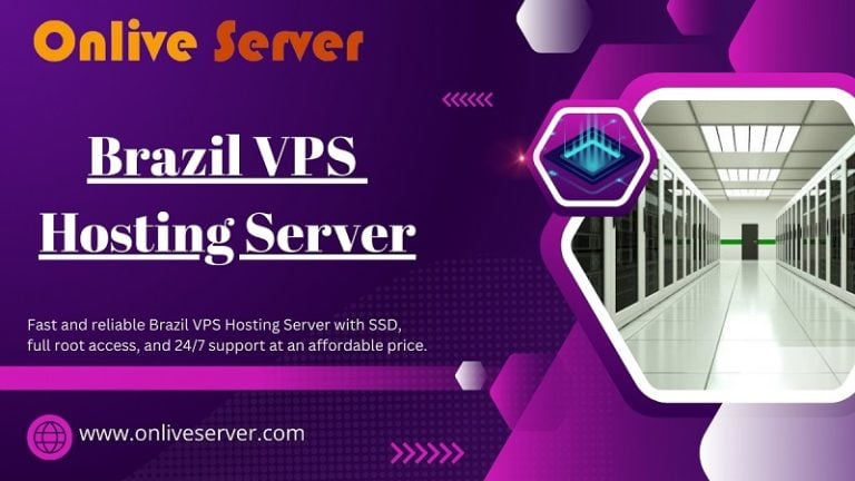 Brazil VPS Hosting Server banner by Onlive Server with a modern data center image and text highlighting SSD, full root access, and 24/7 support.