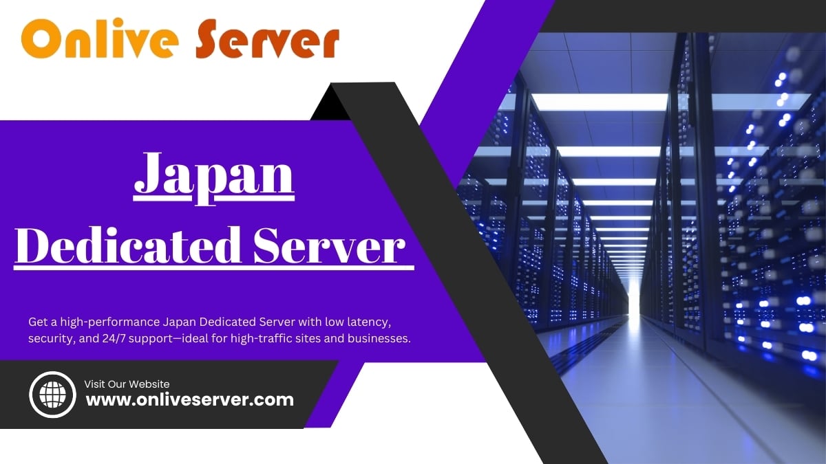 Japan Dedicated Server banner by Onlive Server featuring modern data center racks with blue lighting and text promoting low latency, security, and 24/7 support.