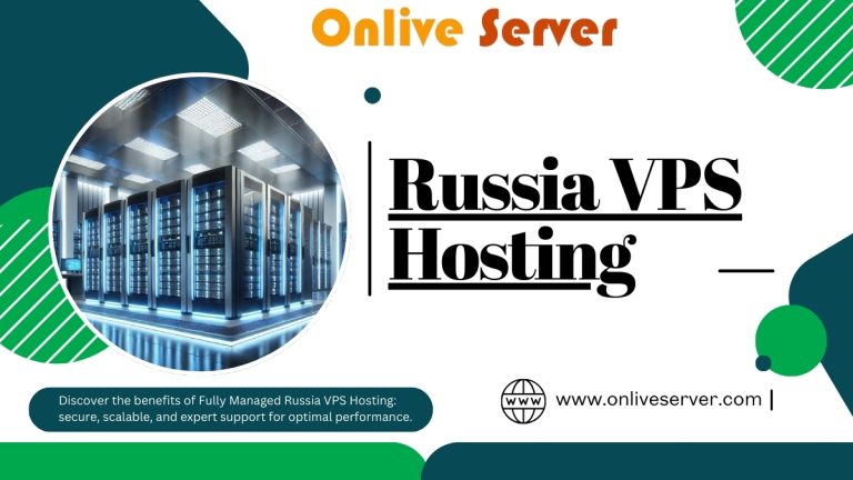 Onlive Server Russia VPS Hosting promotional banner featuring a modern data center with server racks and a professional design