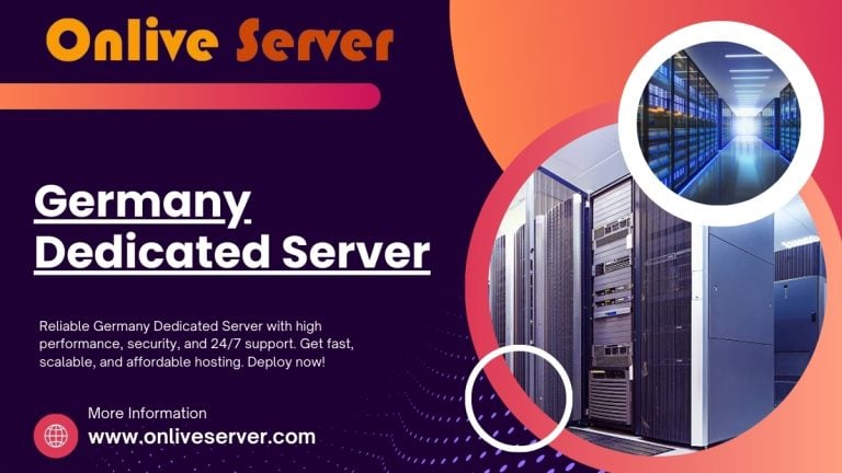 Germany Dedicated Server banner by Onlive Server featuring modern data centers and text promoting high performance, security, and 24/7 support