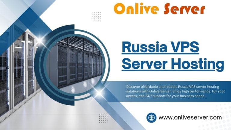 Onlive Server Russia VPS Server Hosting promotional banner featuring a modern data center with server racks and blue graphic design elements