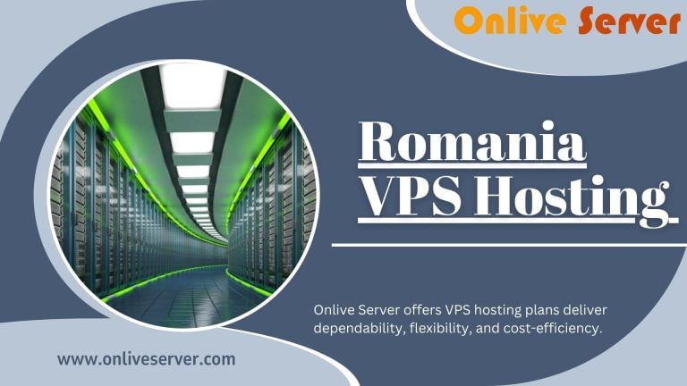 Onlive Server Romania VPS Hosting promotional banner featuring a modern data center with green-lit server racks and a sleek blue-themed design.