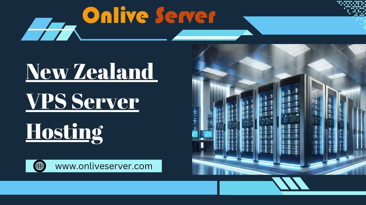 Onlive Server New Zealand VPS Server Hosting promotional banner featuring a modern data center with blue-lit server racks and a sleek dark-themed design