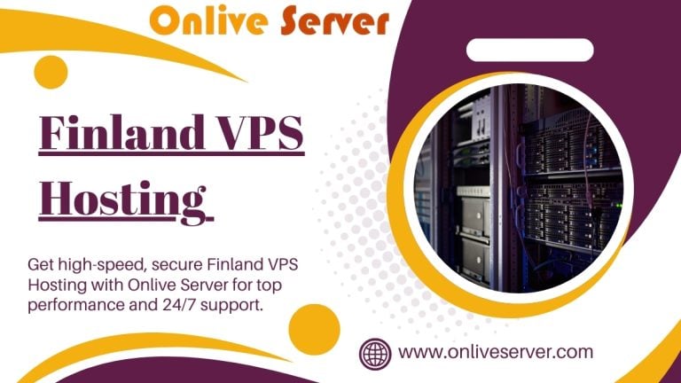 Onlive Server Finland VPS Hosting promotional banner featuring a modern data center with server racks, using a purple and yellow design theme.