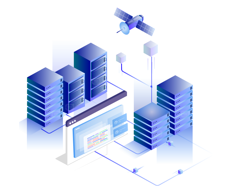 Isometric illustration of a futuristic cloud data center with SSD-powered VPS hosting and an interactive control panel.