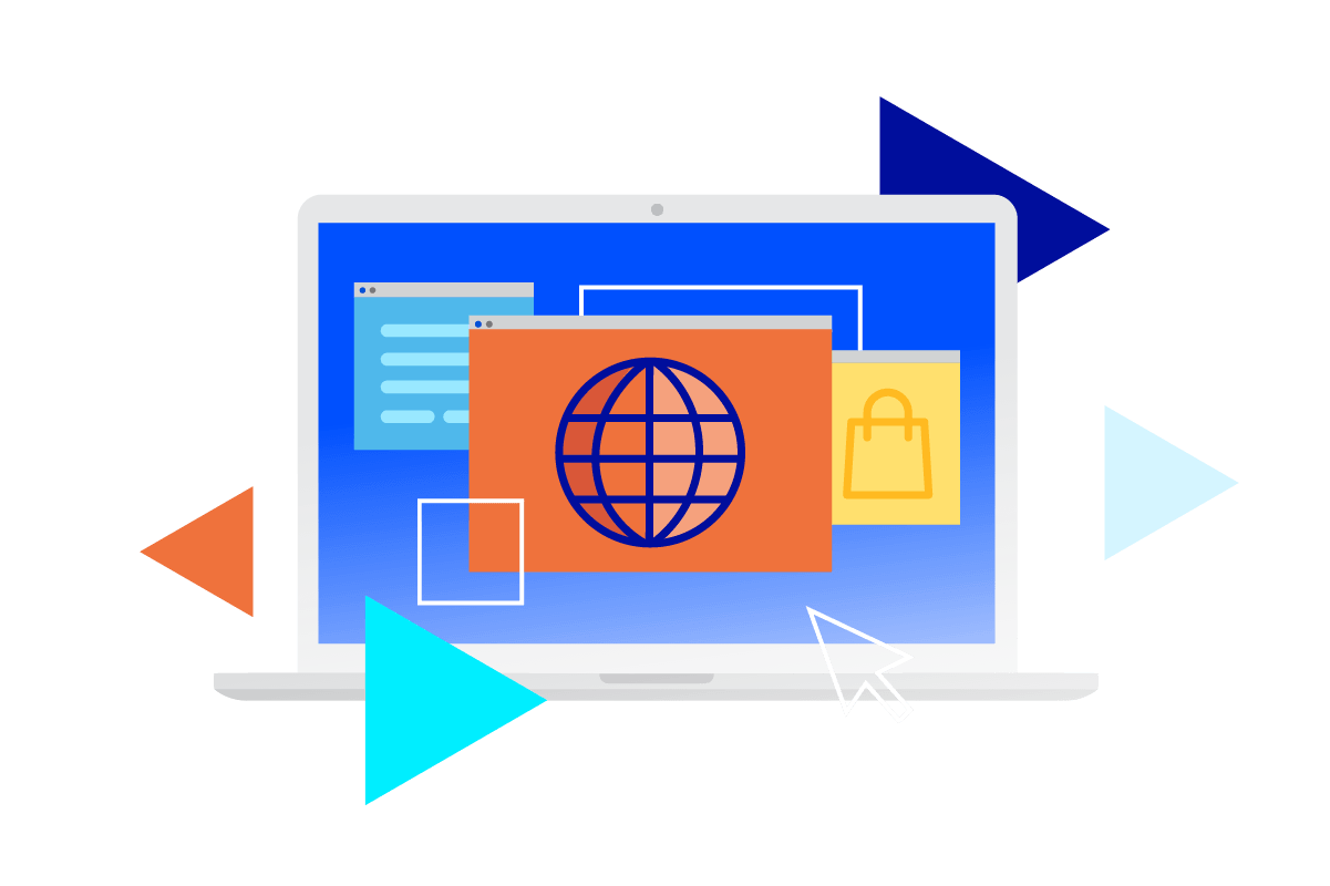 An illustration of a laptop with multiple floating icons and a globe.