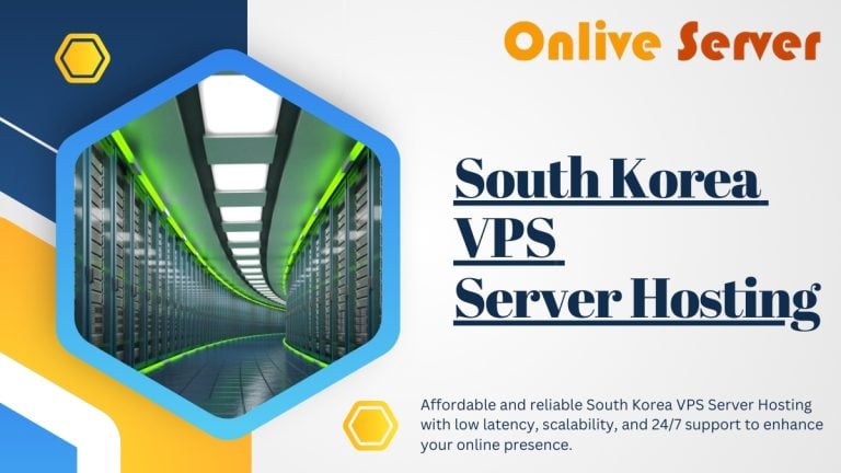 A promotional banner for South Korea VPS Server Hosting, featuring a data center corridor with glowing lights and a call-to-action.