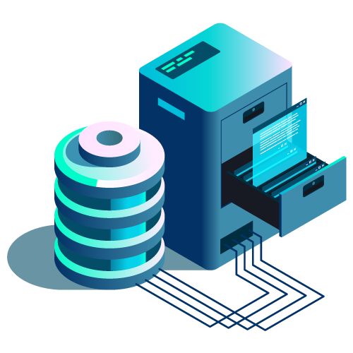 Isometric illustration of a data storage system with a digital filing cabinet and connected database representing secure data management.