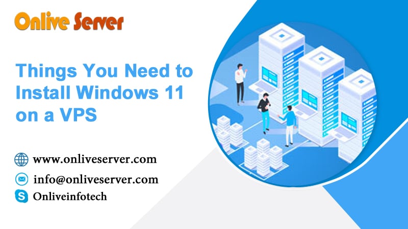 Onlive Server promotional banner featuring an isometric data center illustration and text about installing Windows 11 on a VPS.