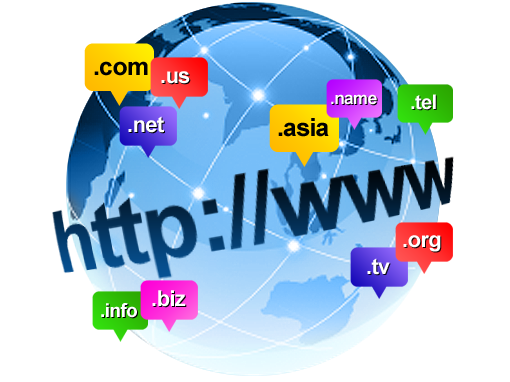 A digital illustration of a globe with various domain extensions such as .com, .net, .org, .info, .biz, .asia, and .us, symbolizing global domain registration.