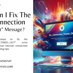 A vibrant digital artwork showing a computer screen with the “Err_Connection_Timed_Out” error message, accompanied by colorful abstract swirls representing internet disruption, with Onlive Server branding and social media links.