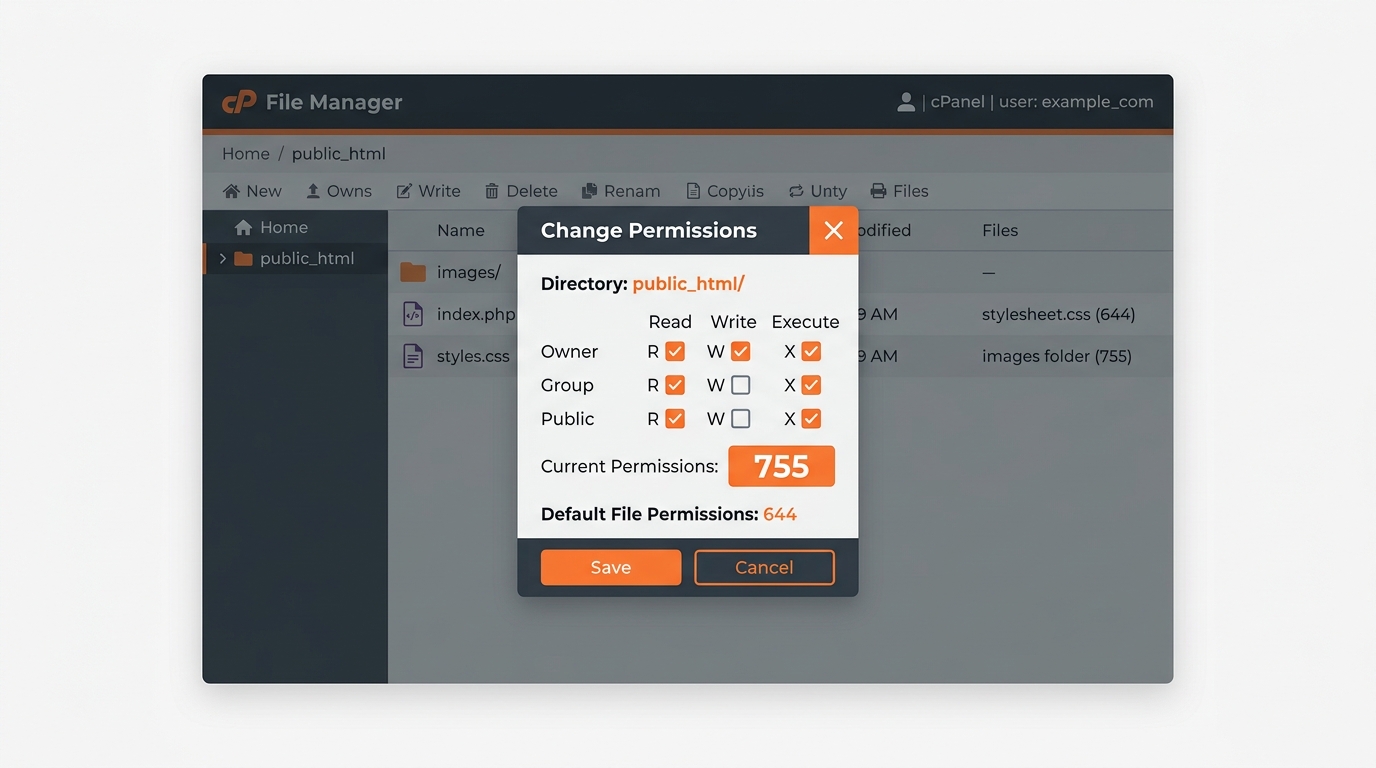 cPanel File Manager Permissions Settings 755 and 644 Dialog Mockup