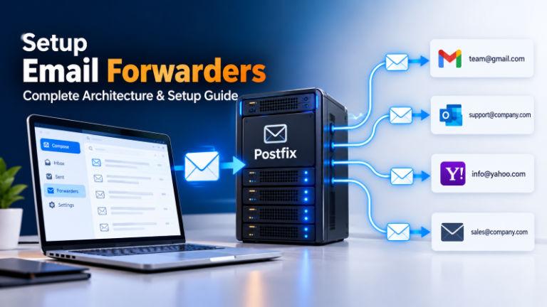 Setup email forwarders architecture diagram illustrating Postfix MTA routing, PostSRSd envelope rewriting, and SPF/DKIM verification.