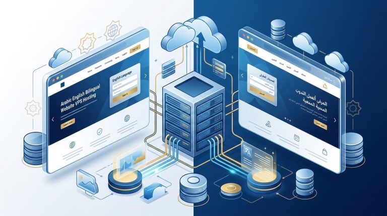 Bilingual web architecture diagram showing server-side RTL layout rendering and UTF8mb4 database collation on a UAE cloud server