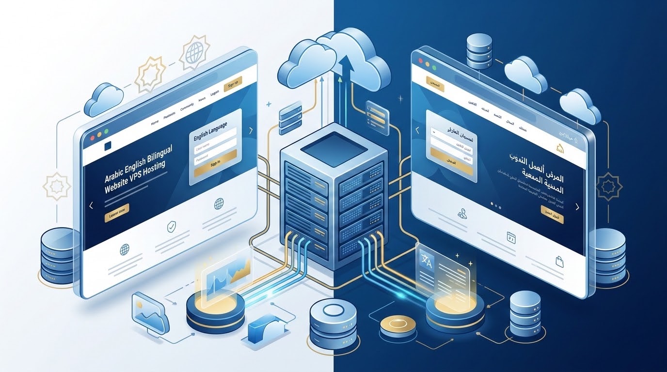 Bilingual web architecture diagram showing server-side RTL layout rendering and UTF8mb4 database collation on a UAE cloud server
