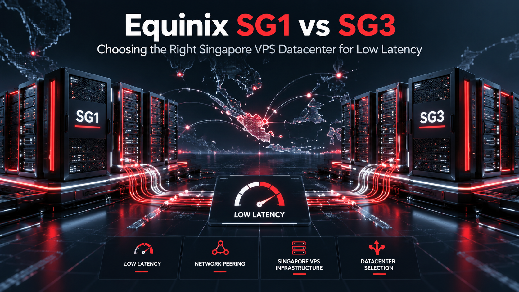 Equinix SG1 and SG3 Singapore datacenter architecture comparison highlighting sub-millisecond SGX latency and redundant cross-connect fiber topology.