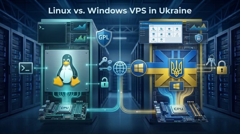 Dual-boot operating system comparison diagram contrasting open-source Linux CLI efficiency against licensed Windows Server GUI workloads