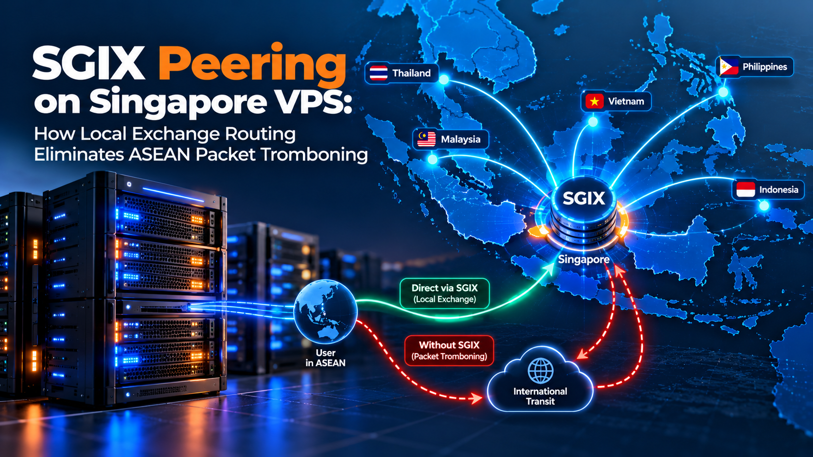 Singapore Internet Exchange SGIX peering topology diagram illustrating direct local peering and ASEAN packet tromboning elimination.
