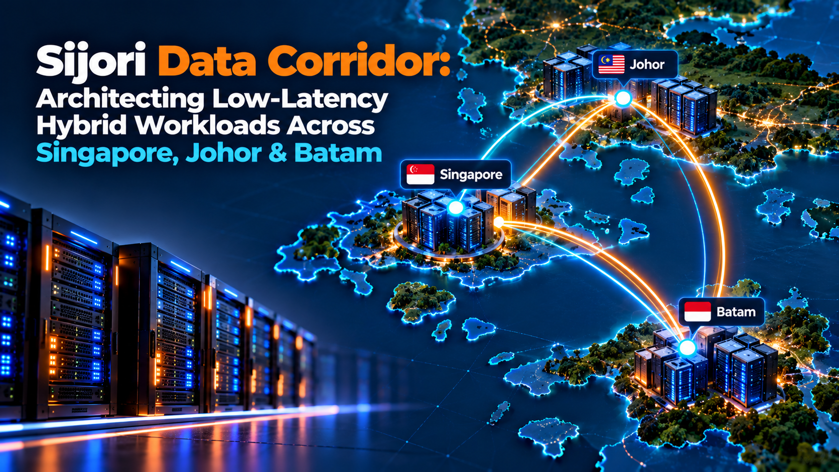 Cross-border optical fiber topology connecting sovereign Singapore VPS compute nodes to Johor Bahru and Batam data hubs.