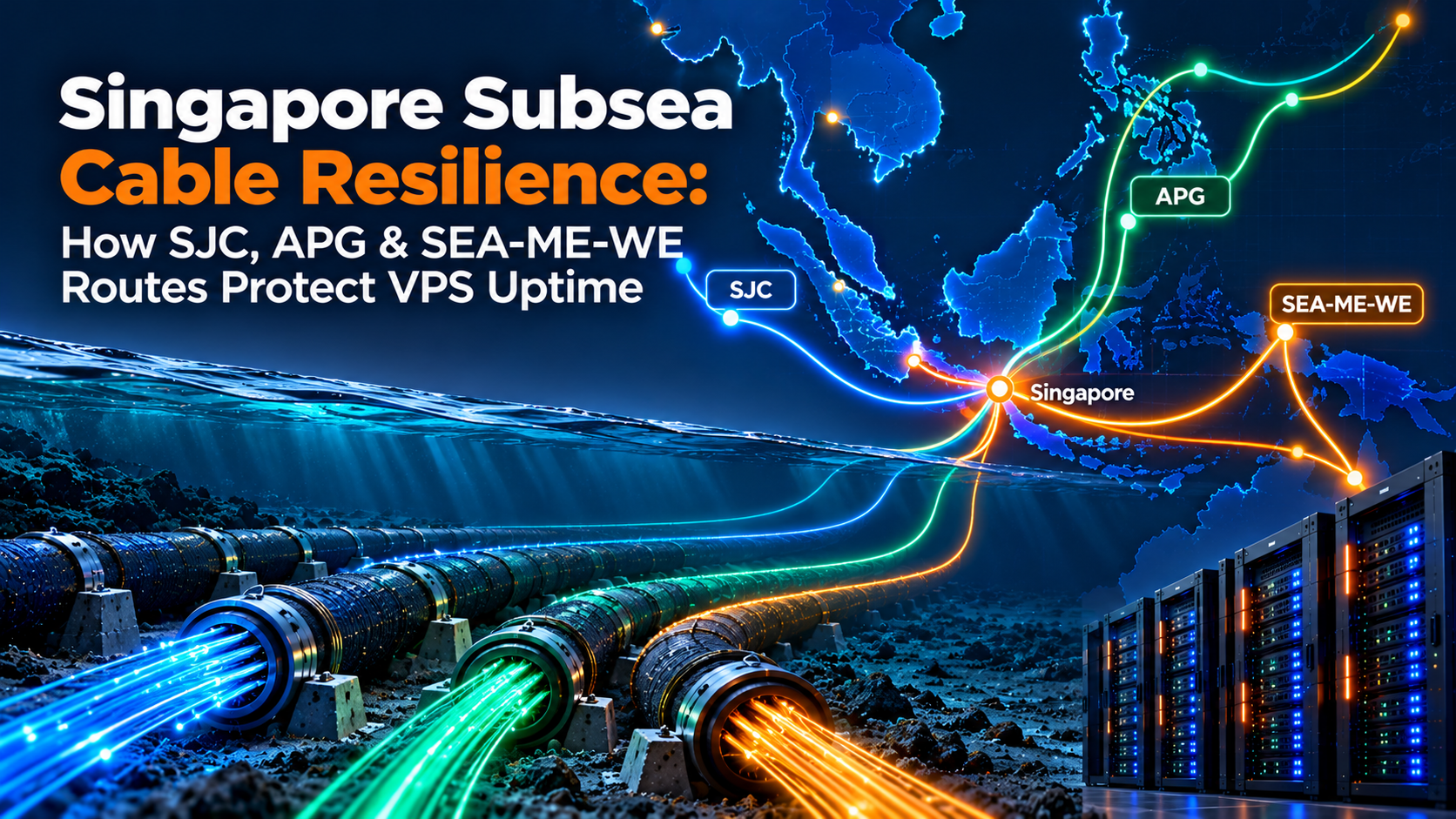 Singapore subsea cable landing stations at Tuas and Changi showing SJC, APG, and SEA-ME-WE fault-tolerant fiber routing paths.