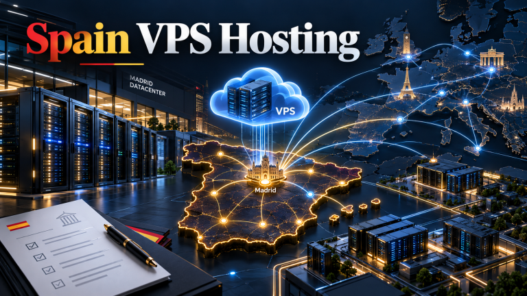 Spain VPS hosting network map illustrating Tier-III Madrid datacenter connectivity, ESPANIX peering fabric, and low-latency fiber routes across the Iberian Peninsula.