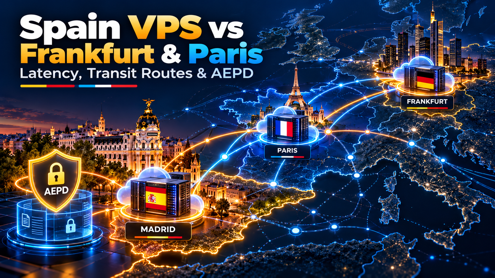 Comparative network latency benchmark visualization between Spain, Frankfurt, and Paris cloud VPS nodes serving Spanish domestic end-users.