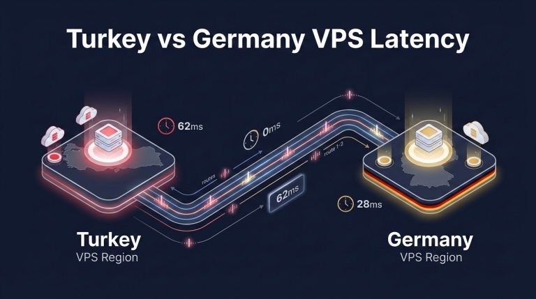 Comparative network latency benchmark chart showing domestic Istanbul ping times under 15ms versus 65ms trans-European routes from Frankfurt