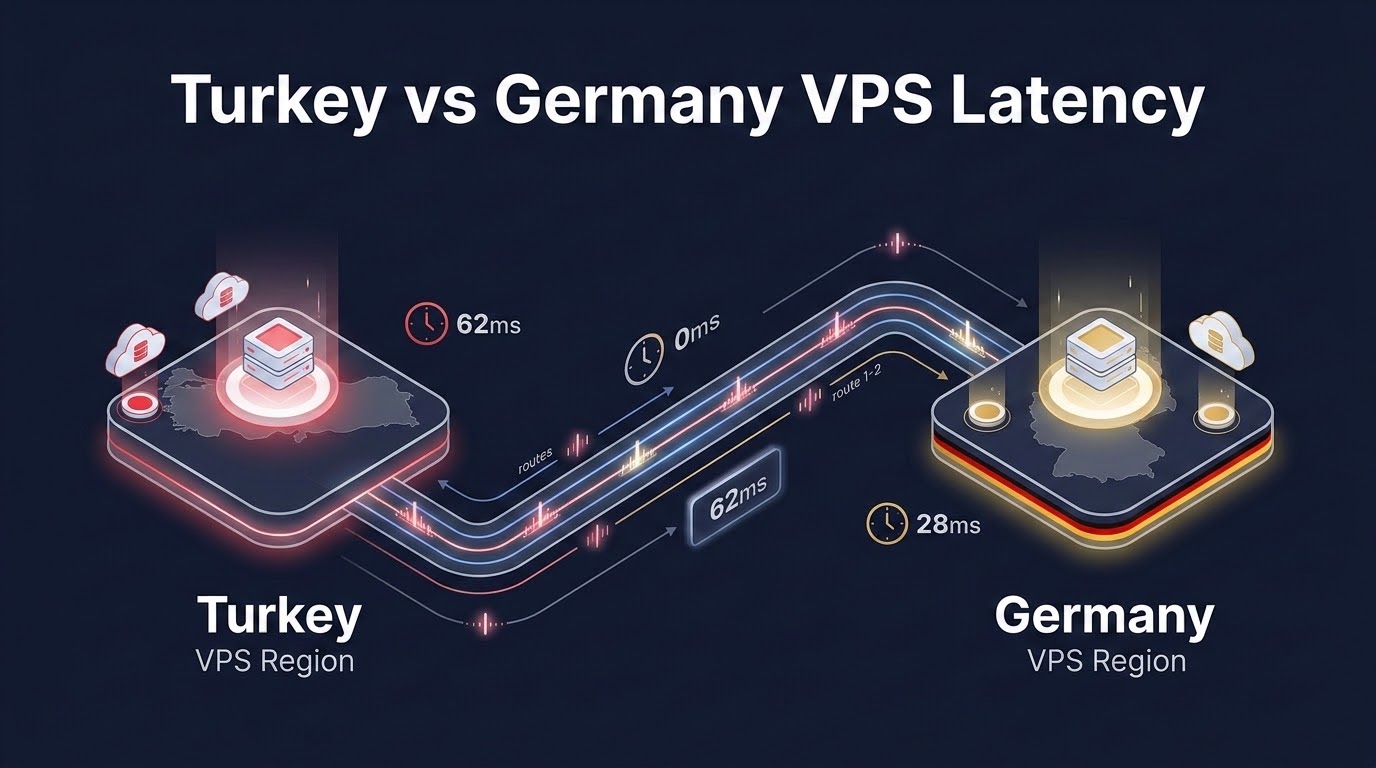 Comparative network latency benchmark chart showing domestic Istanbul ping times under 15ms versus 65ms trans-European routes from Frankfurt