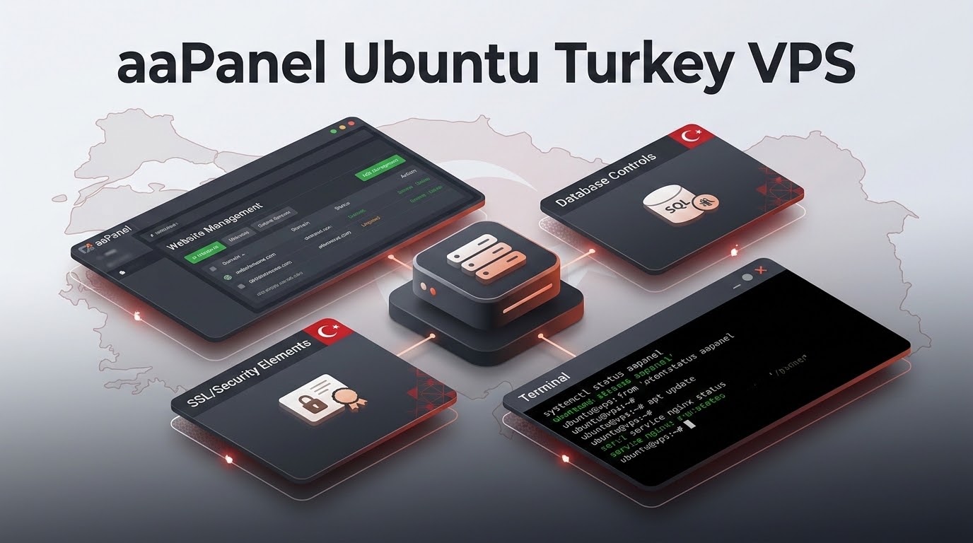 Ubuntu server administration console showing modular aaPanel dashboard for managing MySQL databases and Nginx virtual hosts