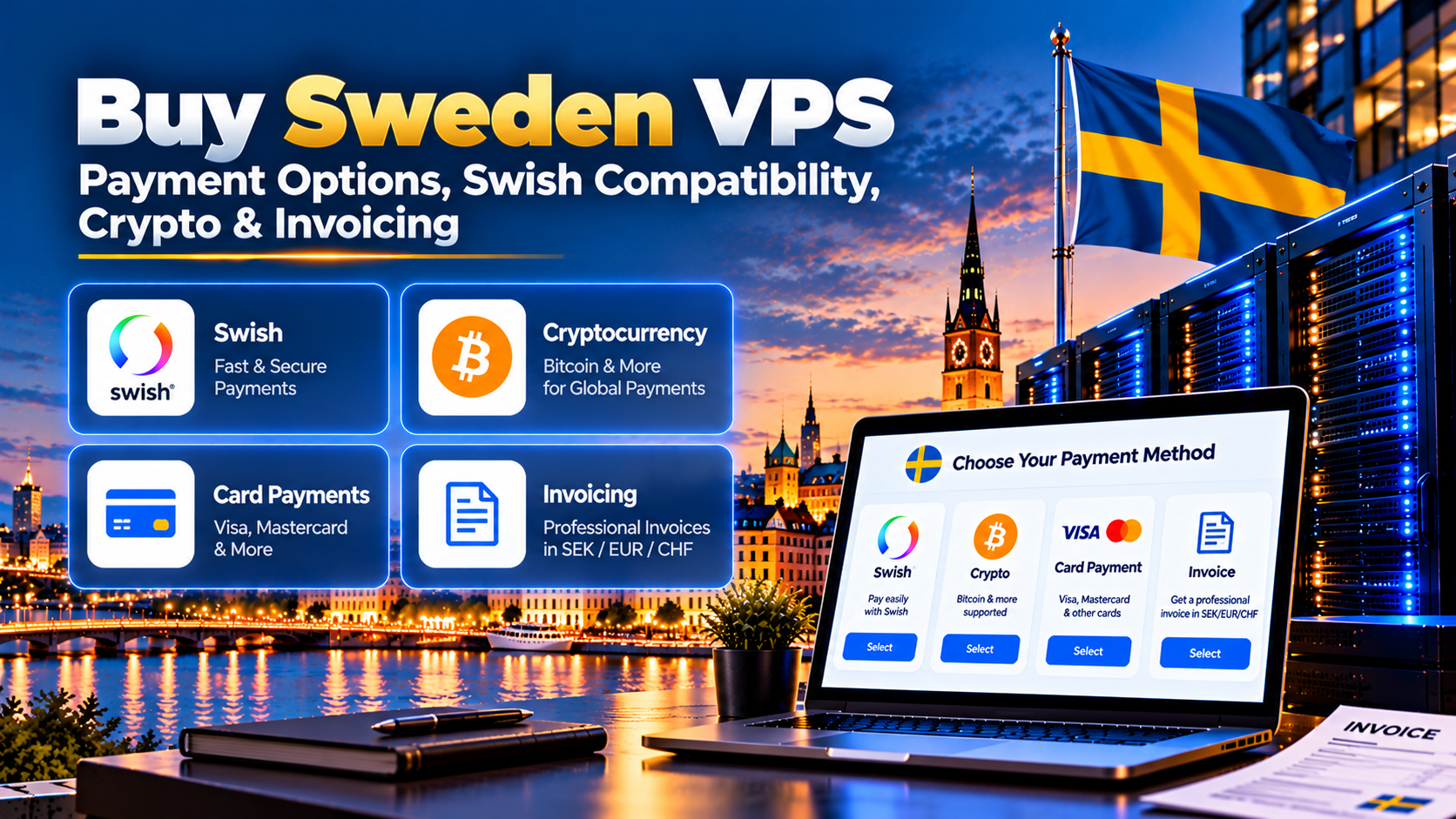 Enterprise cloud provisioning workflow for purchasing Sweden VPS hosting with automated hypervisor deployment, instant root access, and flexible billing options.