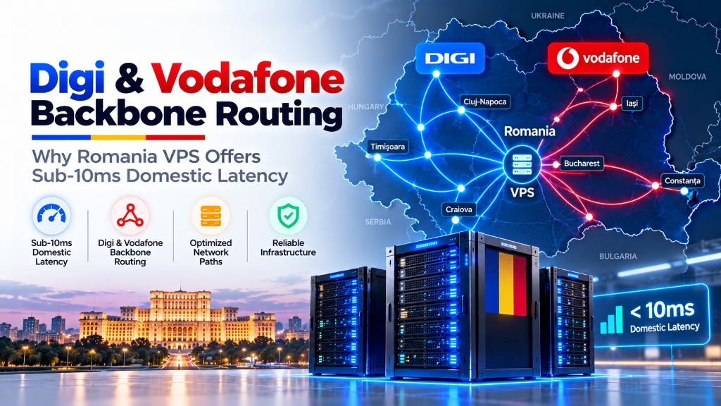 Fiber optic distribution cables terminating at high-speed router delivering Digi and Vodafone transit to Romania VPS
