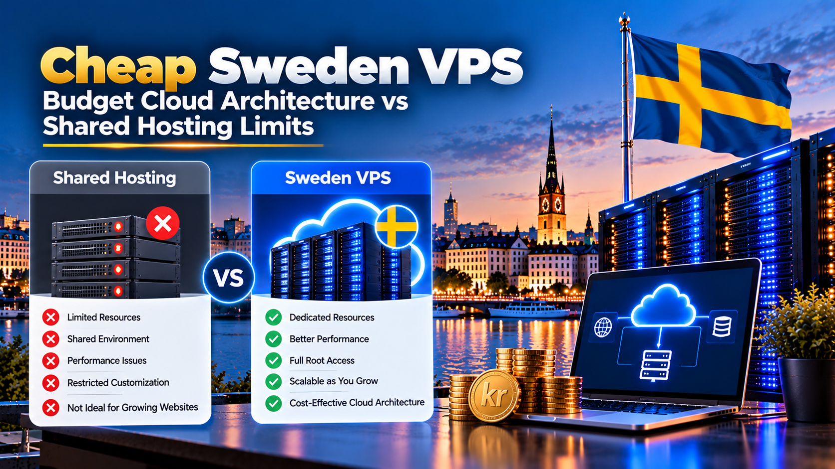 Cost-performance breakdown of affordable Sweden VPS hosting demonstrating guaranteed vCPU allocation, unmetered bandwidth, and transparent monthly pricing.