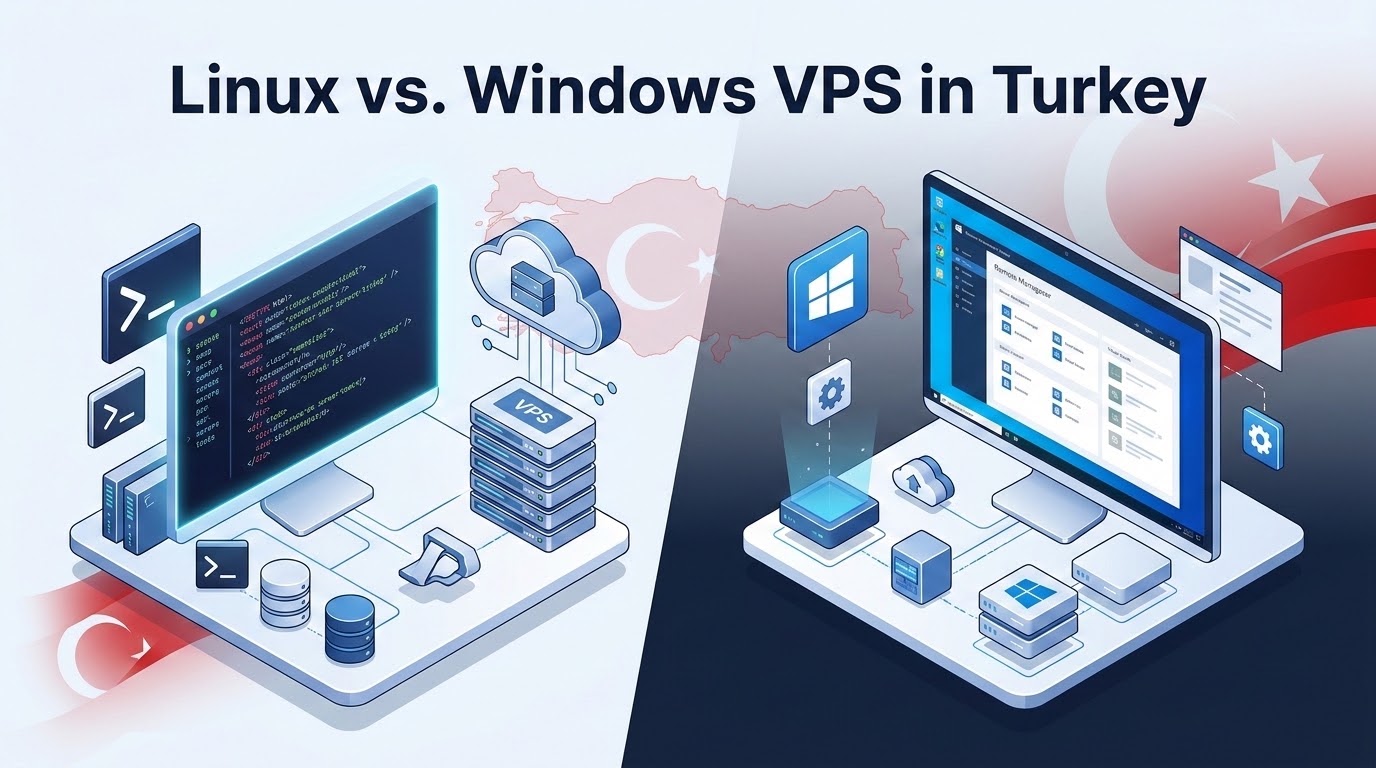 Operating system comparison graphic illustrating Linux command-line resource efficiency alongside Windows Server Remote Desktop