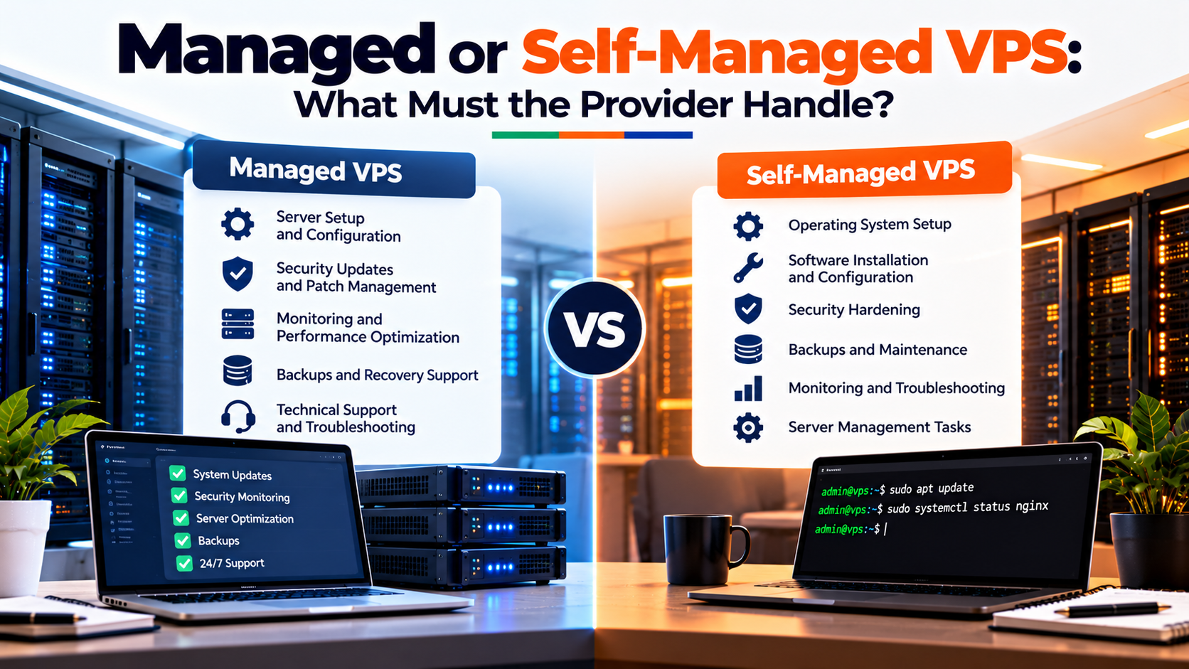 Managed vs unmanaged VPS responsibility matrix and technical server administration scope