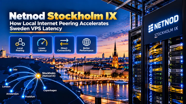 Netnod Internet Exchange point of presence architecture in Stockholm illustrating direct BGP peering, reduced network hops, and multi-terabit transit capacity.