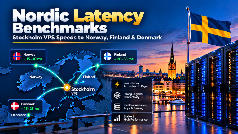 Nordic regional latency routing topology demonstrating sub-5ms fiber connections linking Stockholm VPS nodes directly to Oslo, Helsinki, and Copenhagen.