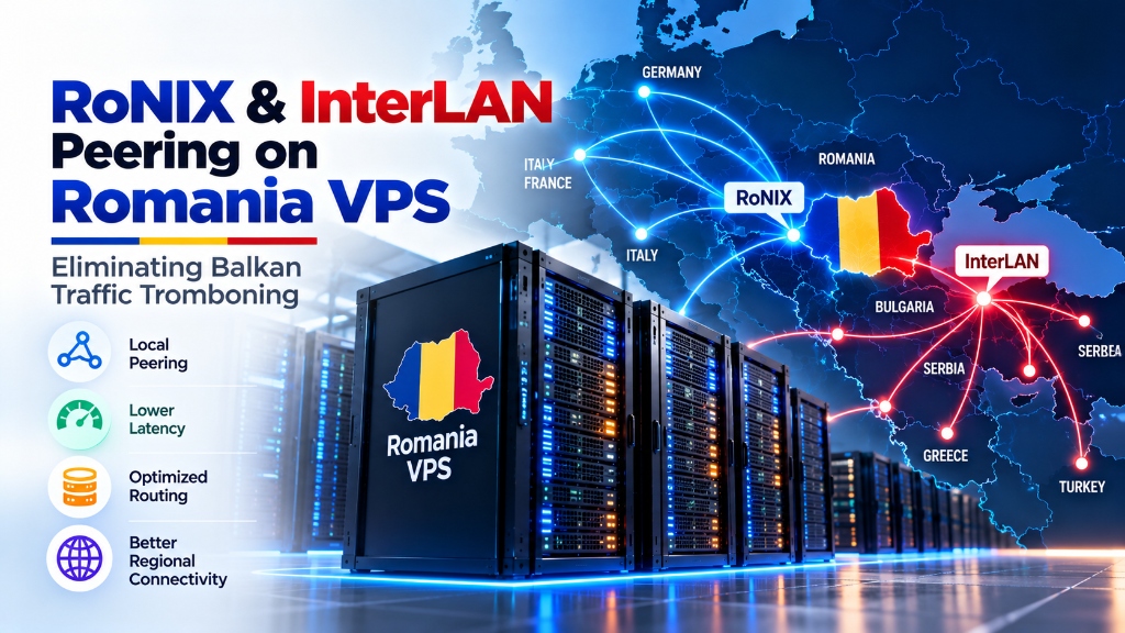 Network diagram showing direct RoNIX and InterLAN BGP peering eliminating latency tromboning for Romania VPS