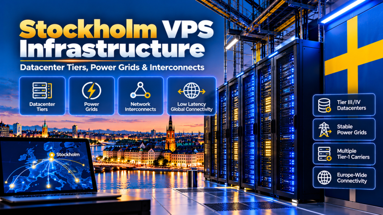 Stockholm Tier-III datacenter infrastructure diagram illustrating redundant power feeds, carrier-neutral cross-connects, and low-latency Scandinavian routing.