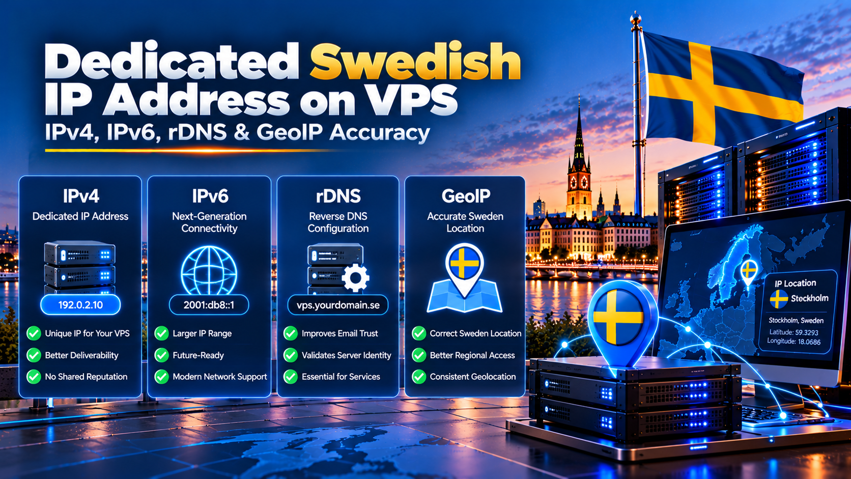 Dedicated static IPv4 and IPv6 network configuration on a Sweden VPS server providing clean IP reputation, reverse DNS PTR records, and secure remote access.